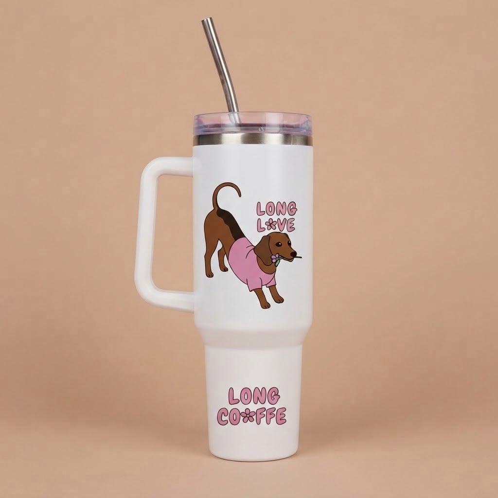 Beli veliki tumbler sa ručkom, crtežom jazavičara i natpisom Long Love Long Coffee